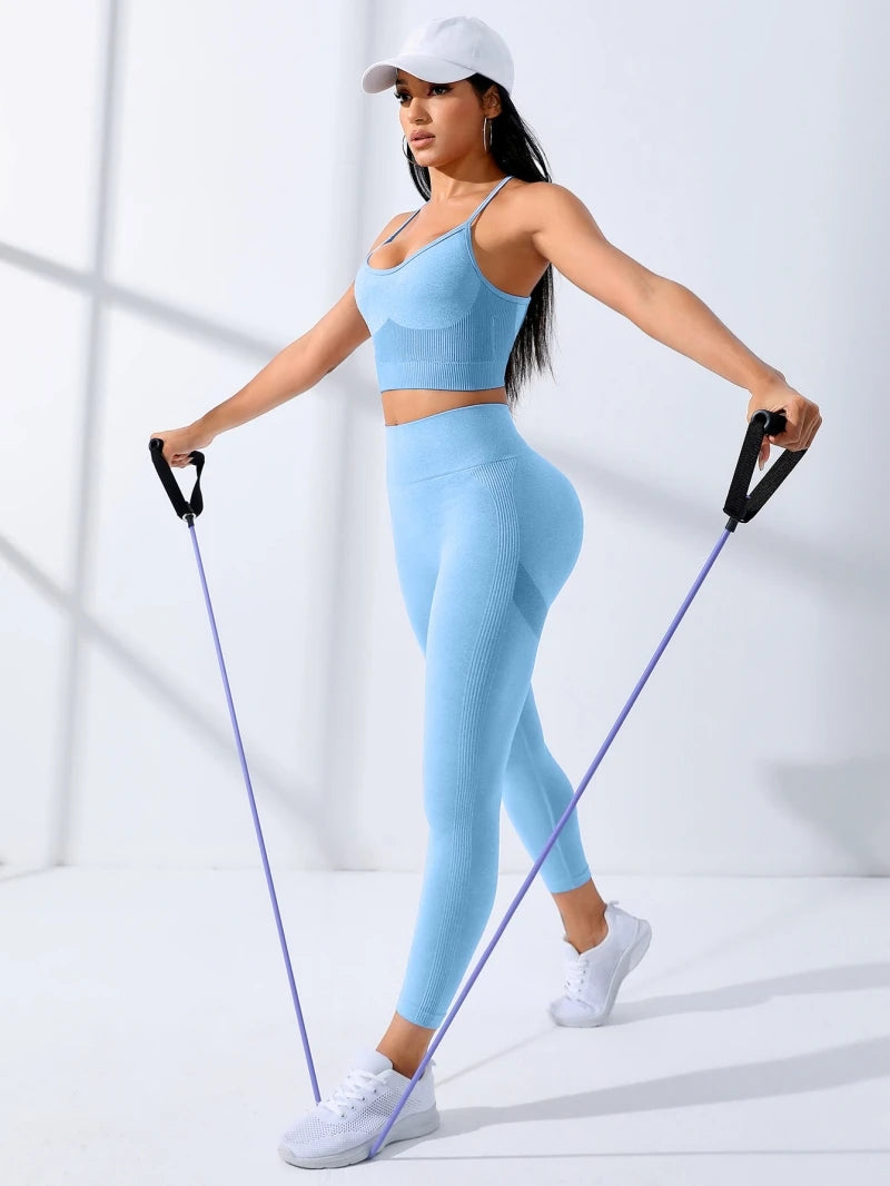 Women Yoga Set 2/Pcs Seamless Workout Outfits Leggings and Thin Shoulder Strap Stretch Sports Bra