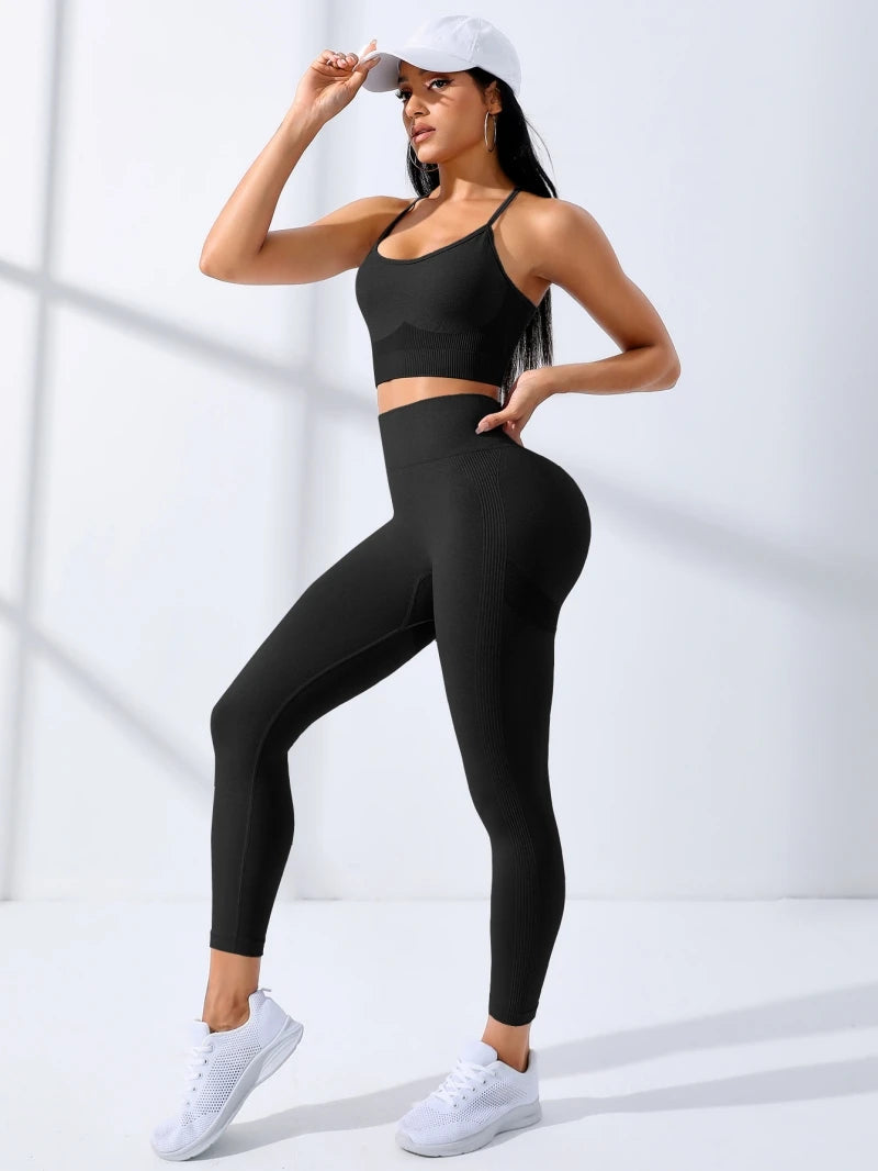 Women Yoga Set 2/Pcs Seamless Workout Outfits Leggings and Thin Shoulder Strap Stretch Sports Bra