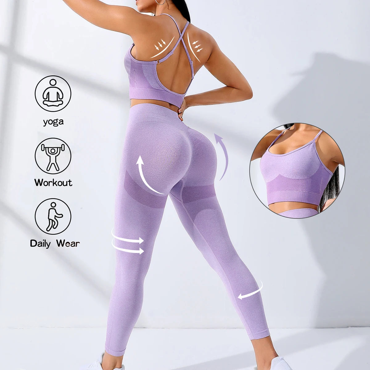 Women Yoga Set 2/Pcs Seamless Workout Outfits Leggings and Thin Shoulder Strap Stretch Sports Bra
