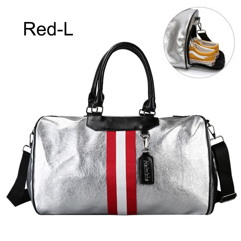 Classy Silver Leather Duffel Gym Sports Bag with Tag