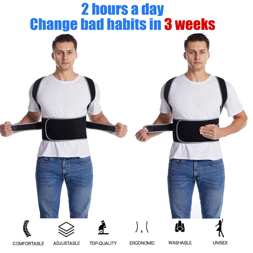 Fully Adjustable Back Shoulder Posture Corrector Belt, Clavicle Spine Support, Reshapes Your Body