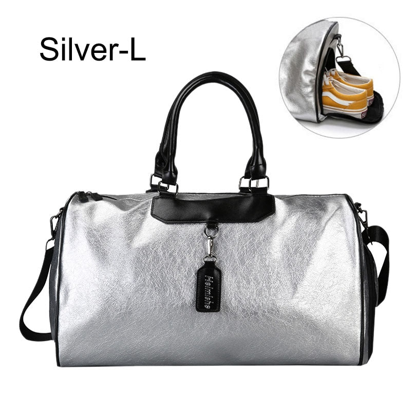 Classy Silver Leather Duffel Gym Sports Bag with Tag