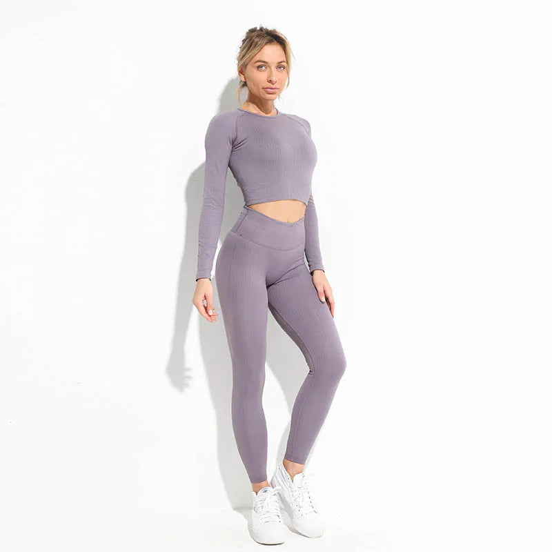 2 Piece Yoga Set Gym Clothing Womens Threaded Tracksuit Crop Top Bra High Waist Leggings Workout Clothes For Women Sports Suit