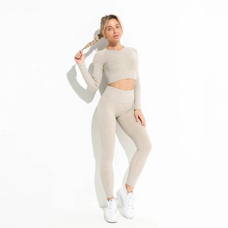 2 Piece Yoga Set Gym Clothing Womens Threaded Tracksuit Crop Top Bra High Waist Leggings Workout Clothes For Women Sports Suit