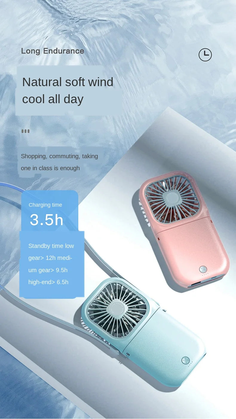 Hanging Neck Fans Mini Portable Folding USB Small Fan Mute Power Bank Portable Handheld Desktop Multi Function Charge Fan