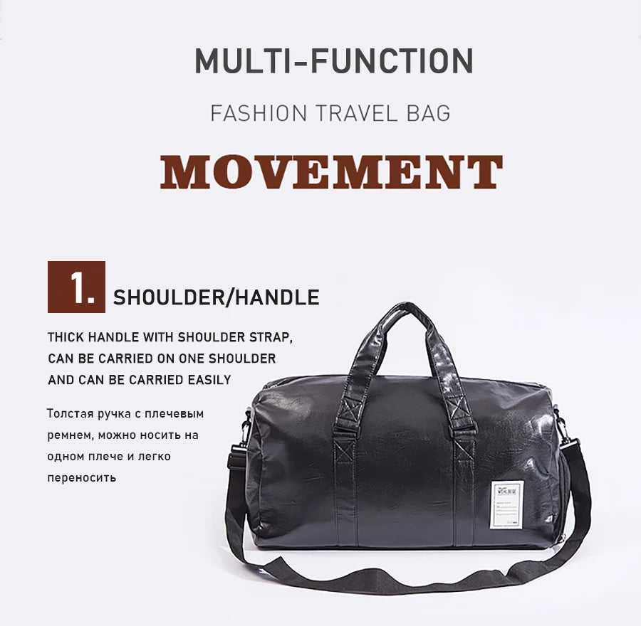 Big Capacity Leather Travel Bag Waterproof Fitness Duffle Bag with Shoes Pocket Sports Weekend Luggage Bag Women Men Handbag