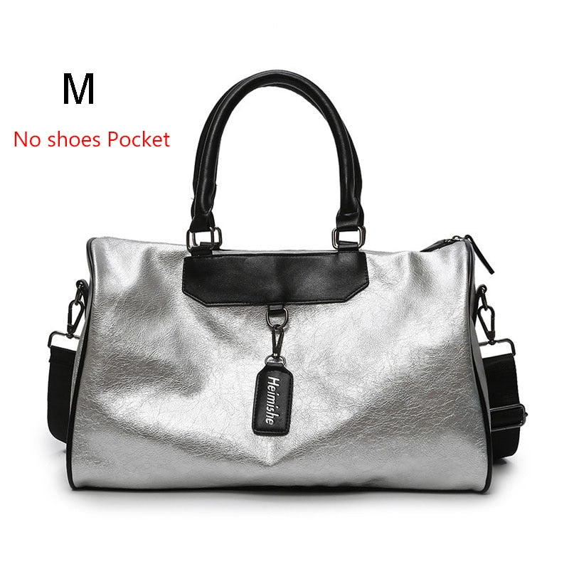 Classy Silver Leather Duffel Gym Sports Bag with Tag