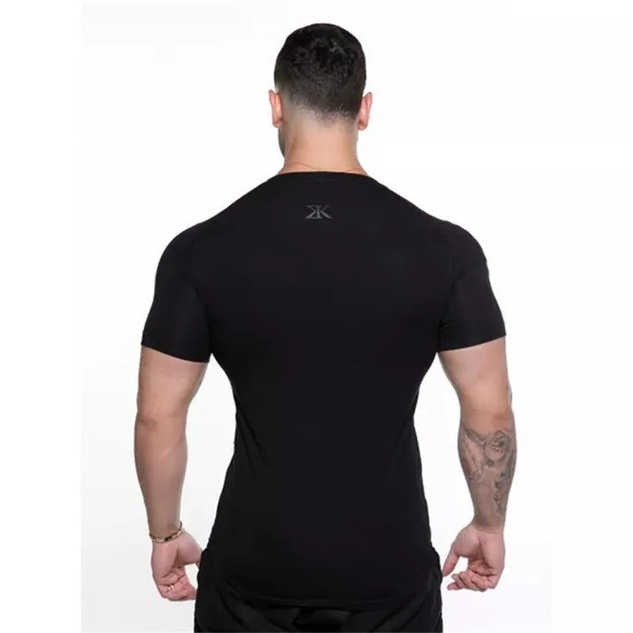 Compression Quick dry T-shirt Men Running Sport Skinny Short Tee Shirt Male Gym Fitness Bodybuilding Workout Black Tops Clothing