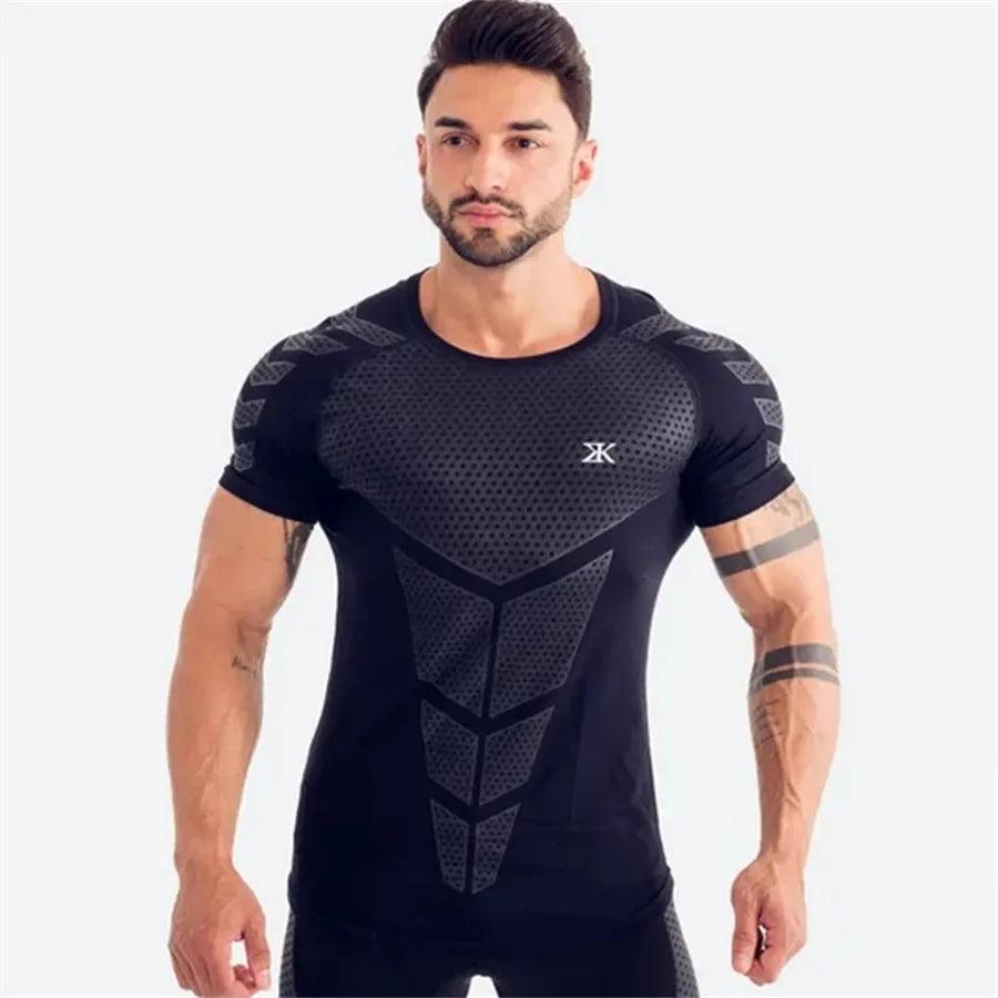 Compression Quick dry T-shirt Men Running Sport Skinny Short Tee Shirt Male Gym Fitness Bodybuilding Workout Black Tops Clothing