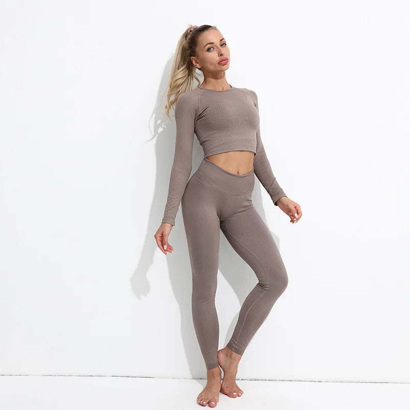 2 Piece Yoga Set Gym Clothing Womens Threaded Tracksuit Crop Top Bra High Waist Leggings Workout Clothes For Women Sports Suit