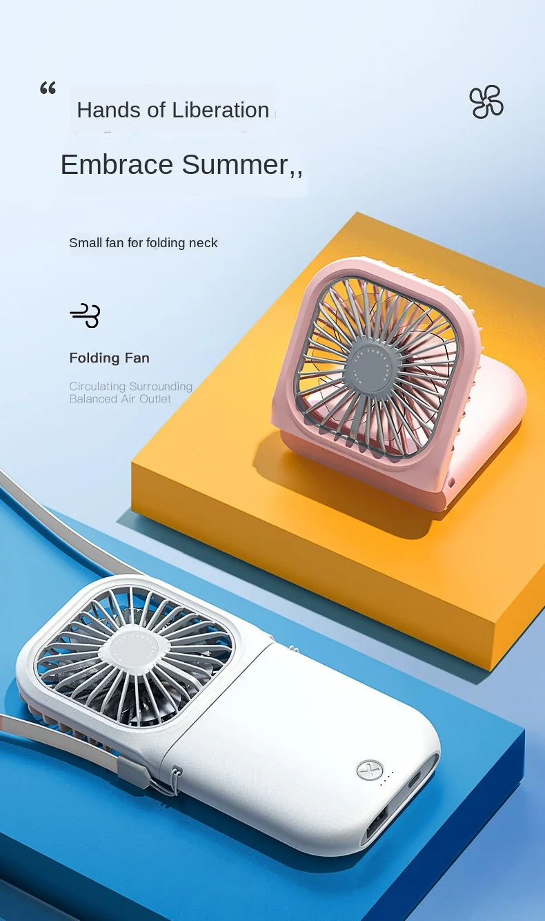 Hanging Neck Fans Mini Portable Folding USB Small Fan Mute Power Bank Portable Handheld Desktop Multi Function Charge Fan