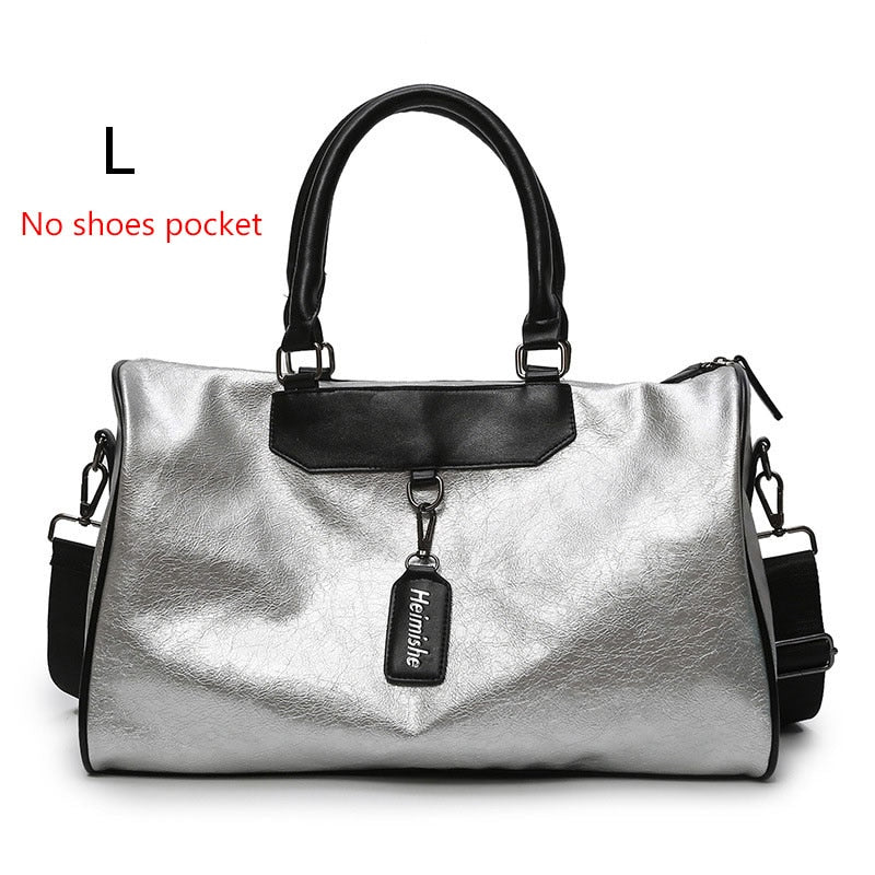 Classy Silver Leather Duffel Gym Sports Bag with Tag