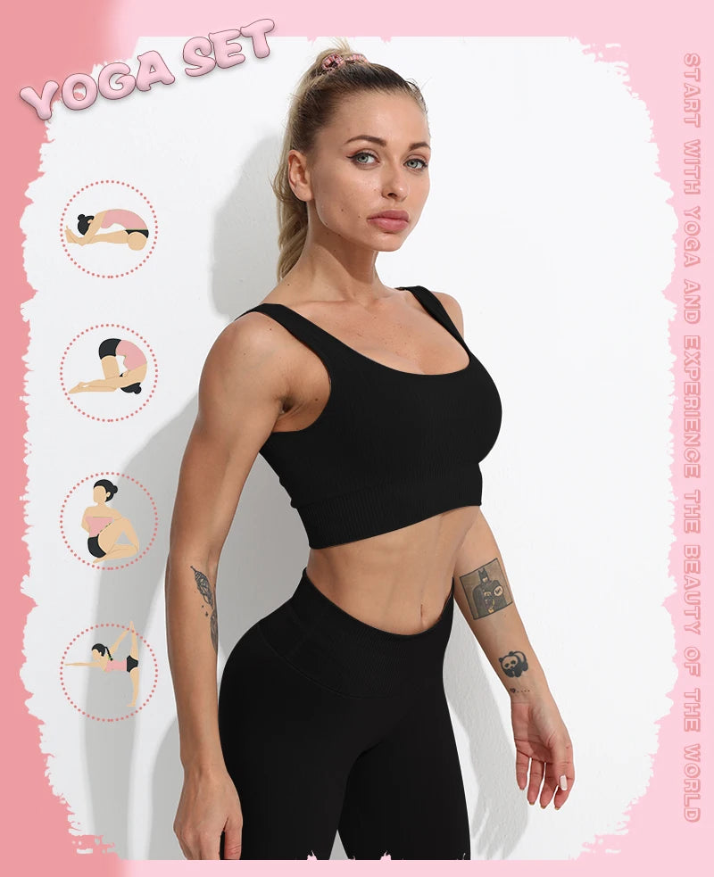 2 Piece Yoga Set Gym Clothing Womens Threaded Tracksuit Crop Top Bra High Waist Leggings Workout Clothes For Women Sports Suit