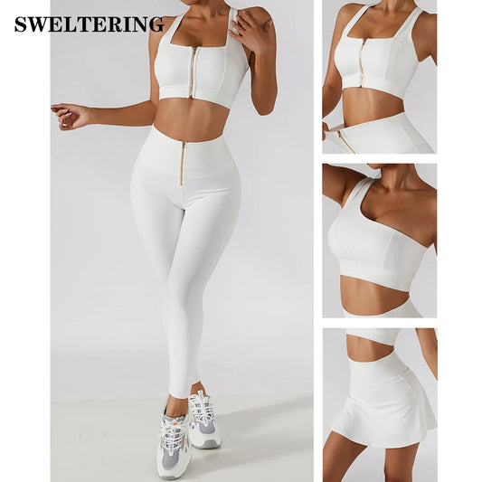 2PC Yoga Set Women Workout Sport Gym Wear Yoga Suit High Waist Leggings Skirts Front Zipper Bra Fitness Crop Top Yoga Sportswear