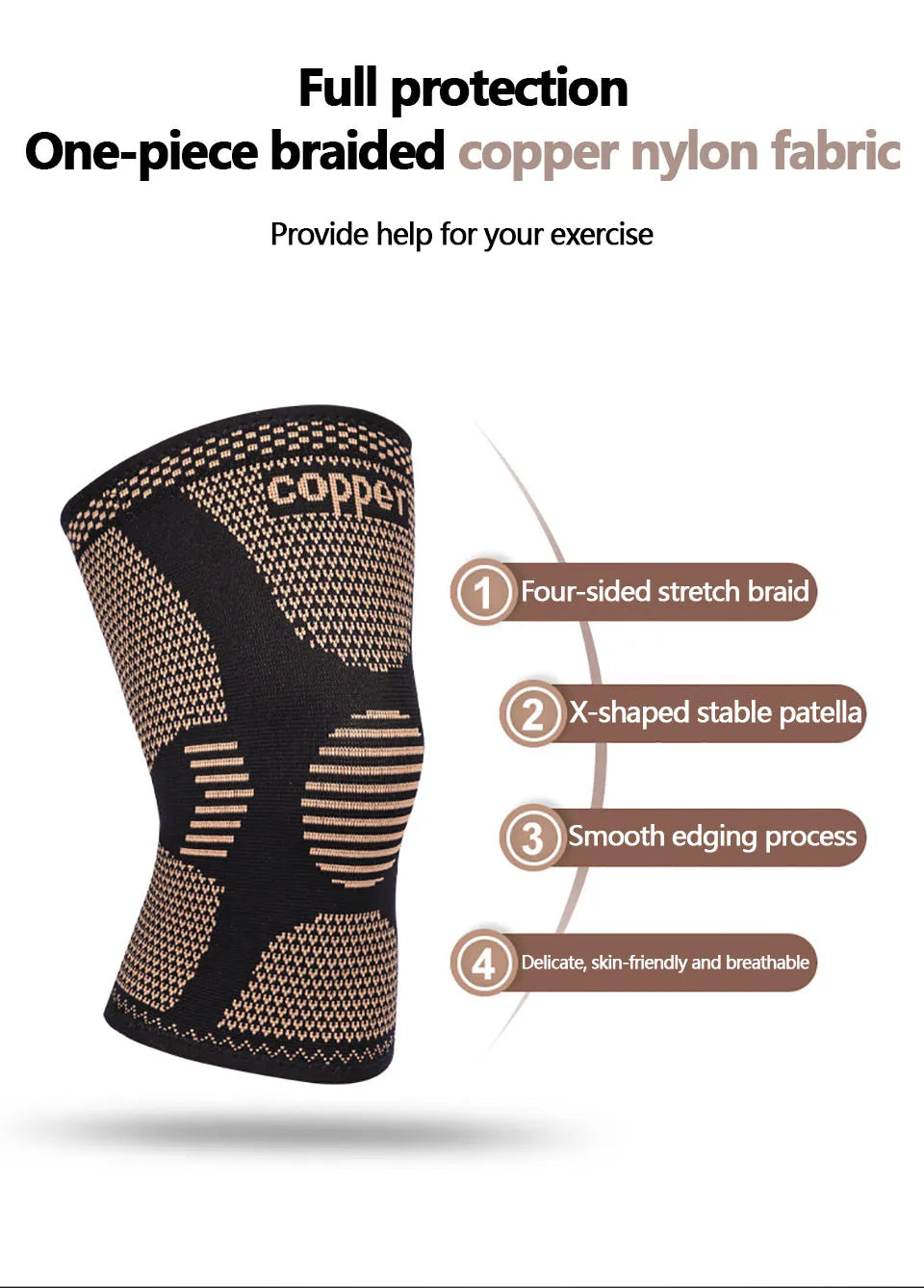 1Pc Copper Knee Brace Stretch Knitted Breathable for Arthritis Pain and Knee Sleeve for Home Gym Workout and Outdoor Sports