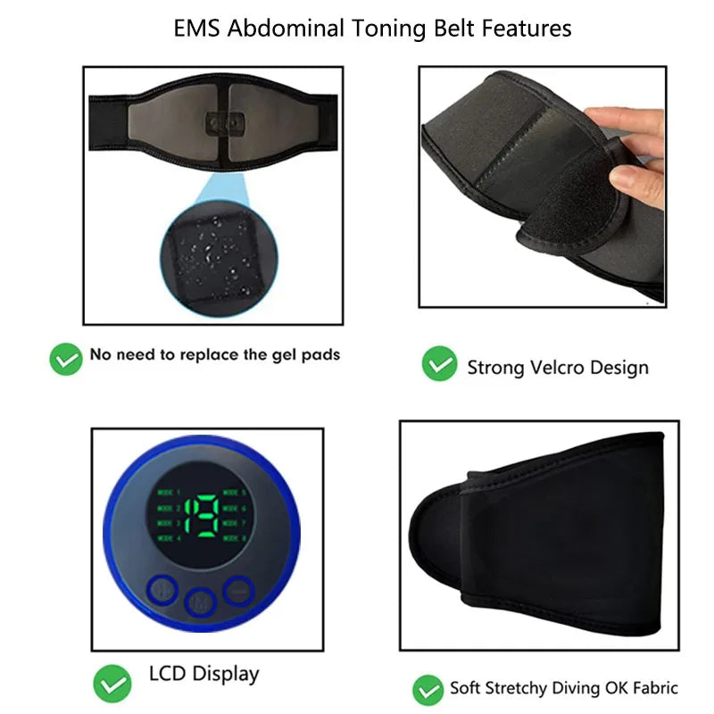 EMS Muscle Stimulator Abs Abdominal Trainer Toning Belt USB Recharge Body Belly Weight Loss Home Gym Fitness Equiment Unisex