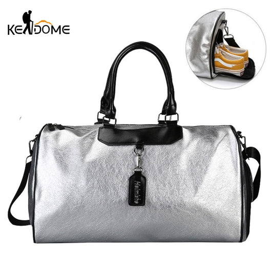 Classy Silver Leather Duffel Gym Sports Bag with Tag