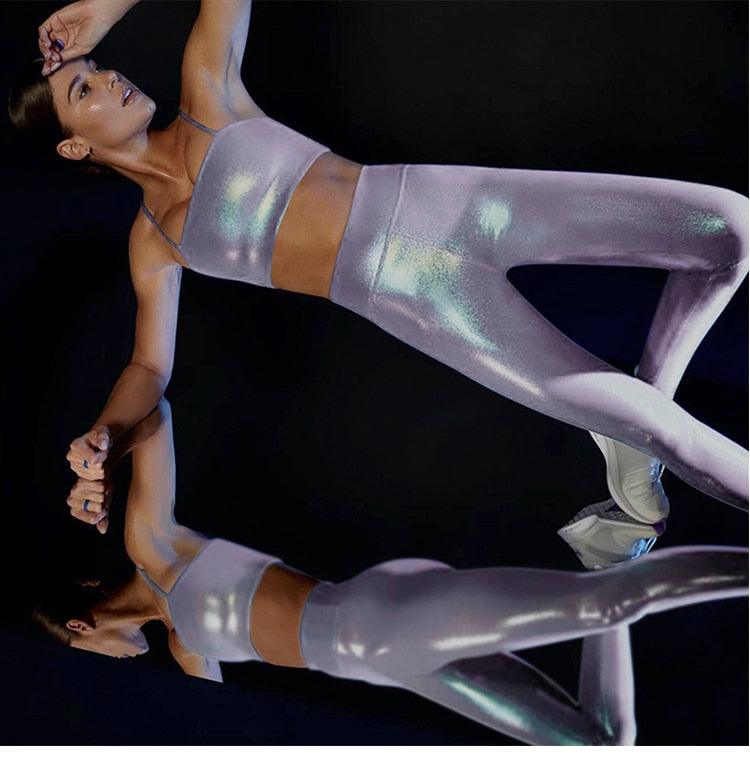 Metallic Foil Print Bodybuilding Compression Tights